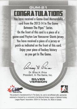 2013-14 In The Game Between the Pipes - Game-Used Patch Silver #GUM-21 Payton Lee Back