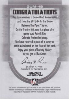 2013-14 In The Game Between the Pipes - Game-Used Patch Silver #GUM-48 Patrick Roy Back
