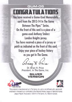 2013-14 In The Game Between the Pipes - Game-Used Jersey Silver #GUM-05 Anthony Stolarz Back