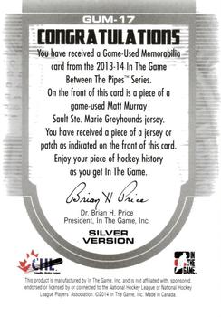 2013-14 In The Game Between the Pipes - Game-Used Jersey Silver #GUM-17 Matt Murray Back