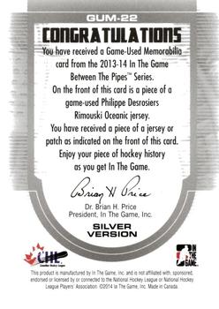 2013-14 In The Game Between the Pipes - Game-Used Jersey Silver #GUM-22 Philippe Desrosiers Back