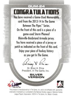 2013-14 In The Game Between the Pipes - Game-Used Jersey Silver #GUM-24 Storm Phaneuf Back