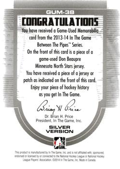 2013-14 In The Game Between the Pipes - Game-Used Jersey Silver #GUM-38 Don Beaupre Back