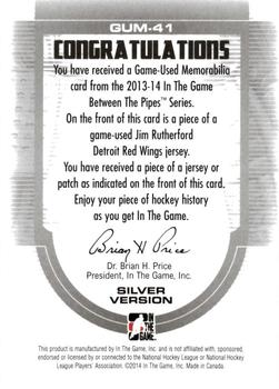 2013-14 In The Game Between the Pipes - Game-Used Jersey Silver #GUM-41 Jim Rutherford Back