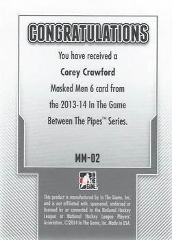 2013-14 In The Game Between the Pipes - Masked Men 6 Red #MM-02 Corey Crawford Back