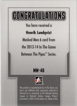 2013-14 In The Game Between the Pipes - Masked Men 6 Silver #MM-46 Henrik Lundqvist Back