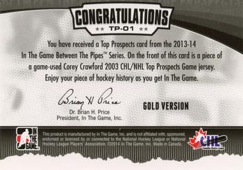 2013-14 In The Game Between the Pipes - Top Prospects Jerseys Gold #TP-01 Corey Crawford Back