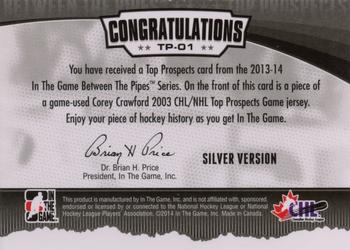 2013-14 In The Game Between the Pipes - Top Prospects Jerseys Silver #TP-01 Corey Crawford Back