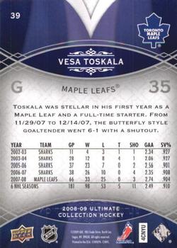 2008-09 Upper Deck Ultimate Collection #39 Vesa Toskala Back
