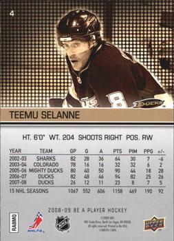 2008-09 Upper Deck Be a Player #4 Teemu Selanne Back