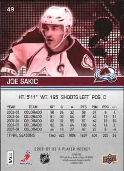 2008-09 Upper Deck Be a Player #49 Joe Sakic Back