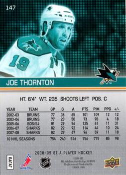 2008-09 Upper Deck Be a Player #147 Joe Thornton Back