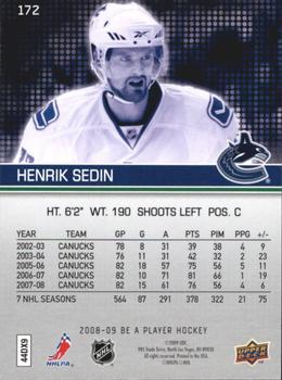 2008-09 Upper Deck Be a Player #172 Henrik Sedin Back