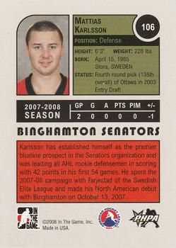2008-09 In The Game Heroes and Prospects #106 Mattias Karlsson Back