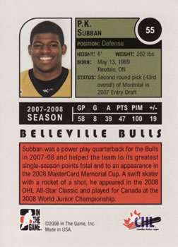 2008-09 In The Game Heroes and Prospects #55 P.K. Subban Back