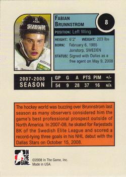 2008-09 In The Game Heroes and Prospects #8 Fabian Brunnstrom Back
