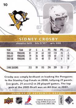 2008-09 SP Authentic #10 Sidney Crosby Back
