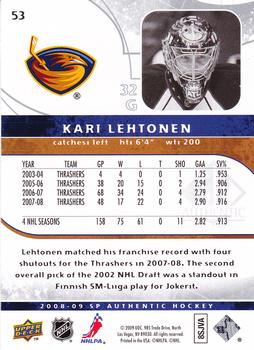 2008-09 SP Authentic #53 Kari Lehtonen Back