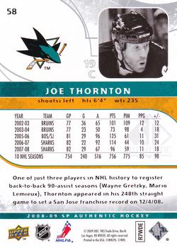 2008-09 SP Authentic #58 Joe Thornton Back