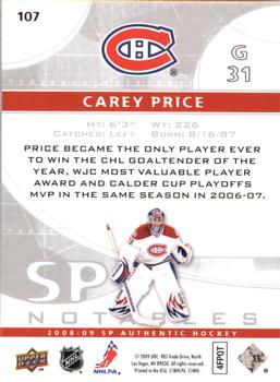 2008-09 SP Authentic #107 Carey Price Back