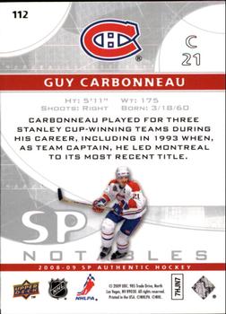 2008-09 SP Authentic #112 Guy Carbonneau Back