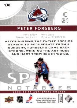 2008-09 SP Authentic #138 Peter Forsberg Back