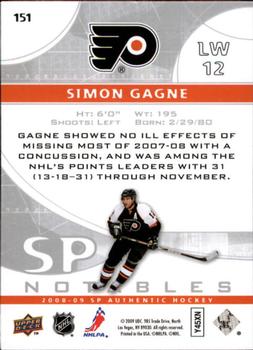 2008-09 SP Authentic #151 Simon Gagne Back