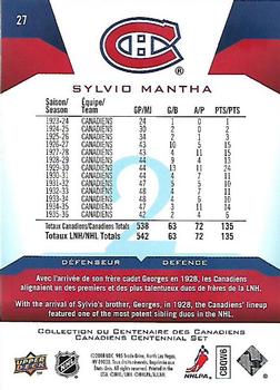 2008-09 Upper Deck Montreal Canadiens Centennial #27 Sylvio Mantha Back
