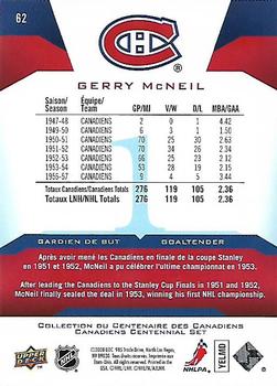 2008-09 Upper Deck Montreal Canadiens Centennial #62 Gerry McNeil Back