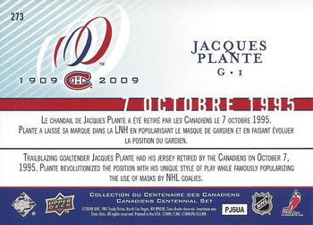 2008-09 Upper Deck Montreal Canadiens Centennial #273 Jacques Plante Back