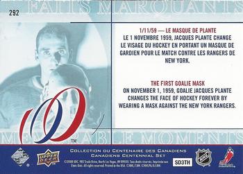 2008-09 Upper Deck Montreal Canadiens Centennial #292 Jacques Plante Back