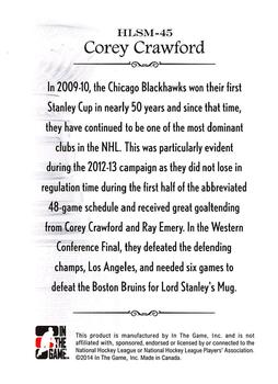 2013-14 In The Game Lord Stanley's Mug - History of Lord Stanley's Mug #HLSM-45 Corey Crawford Back