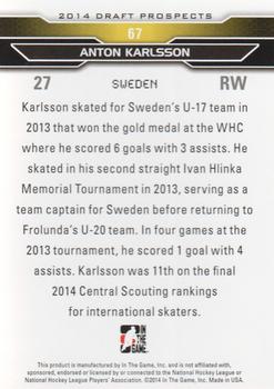 2014 In The Game Draft Prospects #67 Anton Karlsson Back