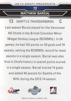 2014 In The Game Draft Prospects #72 Mathew Barzal Back