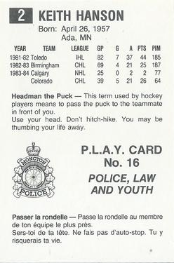 1984-85 Moncton Golden Flames (AHL) Police #16 Keith Hanson Back