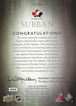 2011-12 Upper Deck Ultimate Collection - Ultimate Jerseys Autographs #UJ-PK P.K. Subban Back