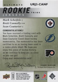 2011-12 Upper Deck Ultimate Collection - Ultimate Rookie Patches Trios #URJ3-CANF Brett Connolly / Mark Scheifele / Sean Couturier Back