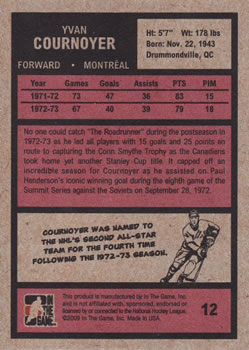 2009-10 In The Game 1972 The Year In Hockey #12 Yvan Cournoyer Back