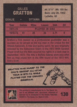 2009-10 In The Game 1972 The Year In Hockey #130 Gilles Gratton Back