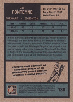 2009-10 In The Game 1972 The Year In Hockey #136 Val Fonteyne Back