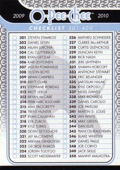 2009-10 O-Pee-Chee #499 Checklist: 301-400 Front