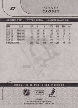 2009-10 O-Pee-Chee #87 Sidney Crosby Back