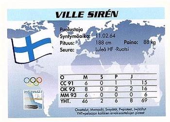 1994 Semic Jääkiekkokortit Keräilysarja (Finnish) #15 Ville Siren Back