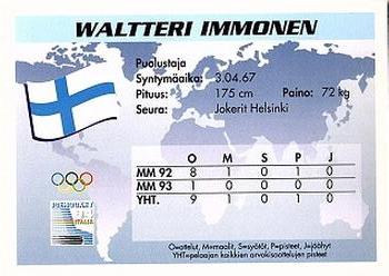 1994 Semic Jääkiekkokortit Keräilysarja (Finnish) #19 Waltteri Immonen Back