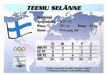 1994 Semic Jääkiekkokortit Keräilysarja (Finnish) #20 Teemu Selänne Back