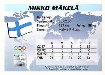 1994 Semic Jääkiekkokortit Keräilysarja (Finnish) #29 Mikko Mäkelä Back