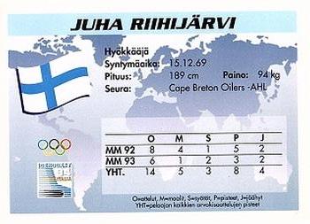 1994 Semic Jääkiekkokortit Keräilysarja (Finnish) #40 Juha Riihijärvi Back
