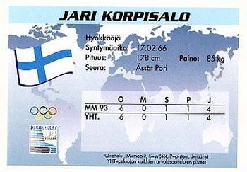 1994 Semic Jääkiekkokortit Keräilysarja (Finnish) #42 Jari Korpisalo Back