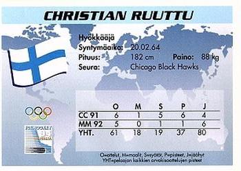 1994 Semic Jääkiekkokortit Keräilysarja (Finnish) #43 Christian Ruuttu Back