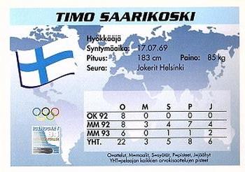1994 Semic Jääkiekkokortit Keräilysarja (Finnish) #47 Timo Saarikoski Back